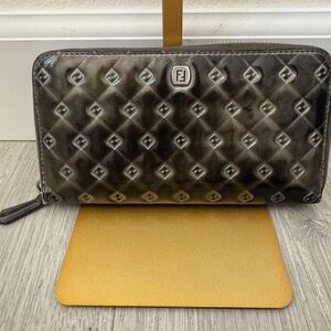 Fendi Black and Gray Metallic Quilted Zip Wallet